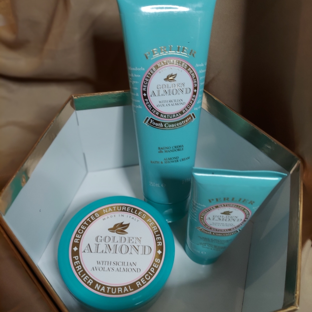 Perlier Golden Almond 3 piece gift set on box.   Brand new